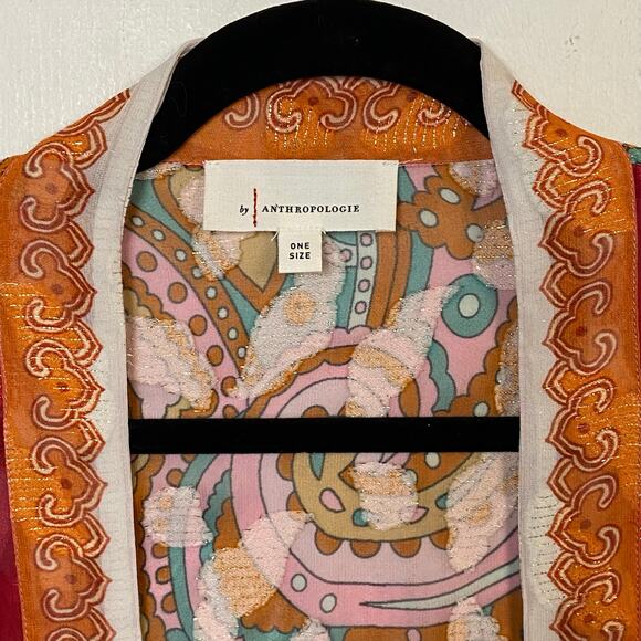 By Anthropologie Tie Front Multicolor Floral Printed Shine Boho Kimono One Size - Picture 4 of 11